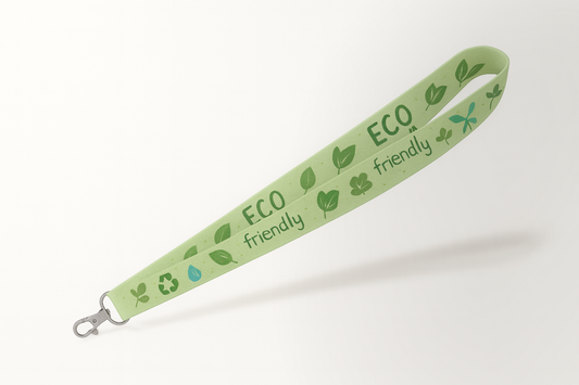 A photo of a compostable lanyard with color print