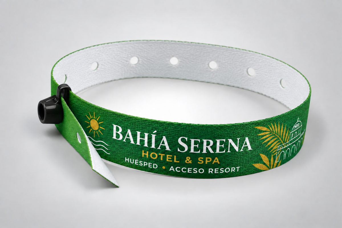 Braccialetto in tessuto verde con chiusura a scatto nera e logo dell'hotel stampato