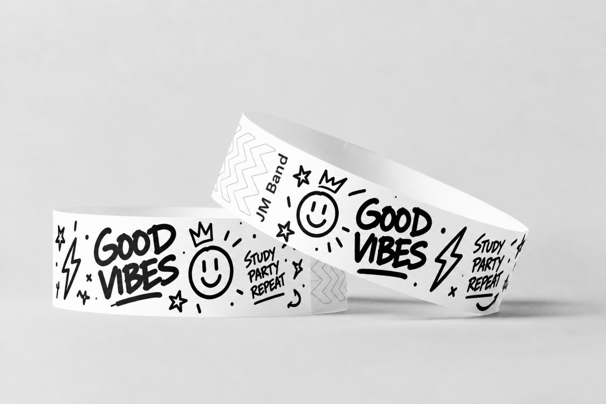 Due braccialetti di carta bianchi con motivo doodle stampato in nero