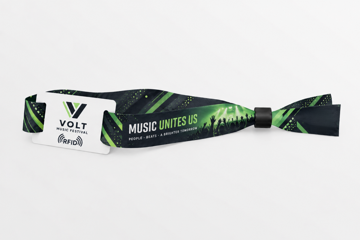 Braccialetto RFID in tessuto rPET con stampa verde scuro di festival musicale