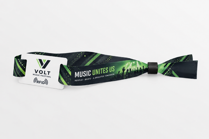 Braccialetto RFID in tessuto rPET con stampa verde scuro di festival musicale