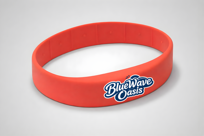 A red silicone wristband with NFC and custom logo from JM Band®