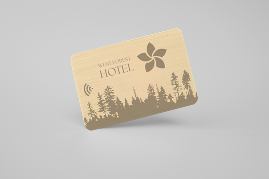 A photo of a light RFID card in wood