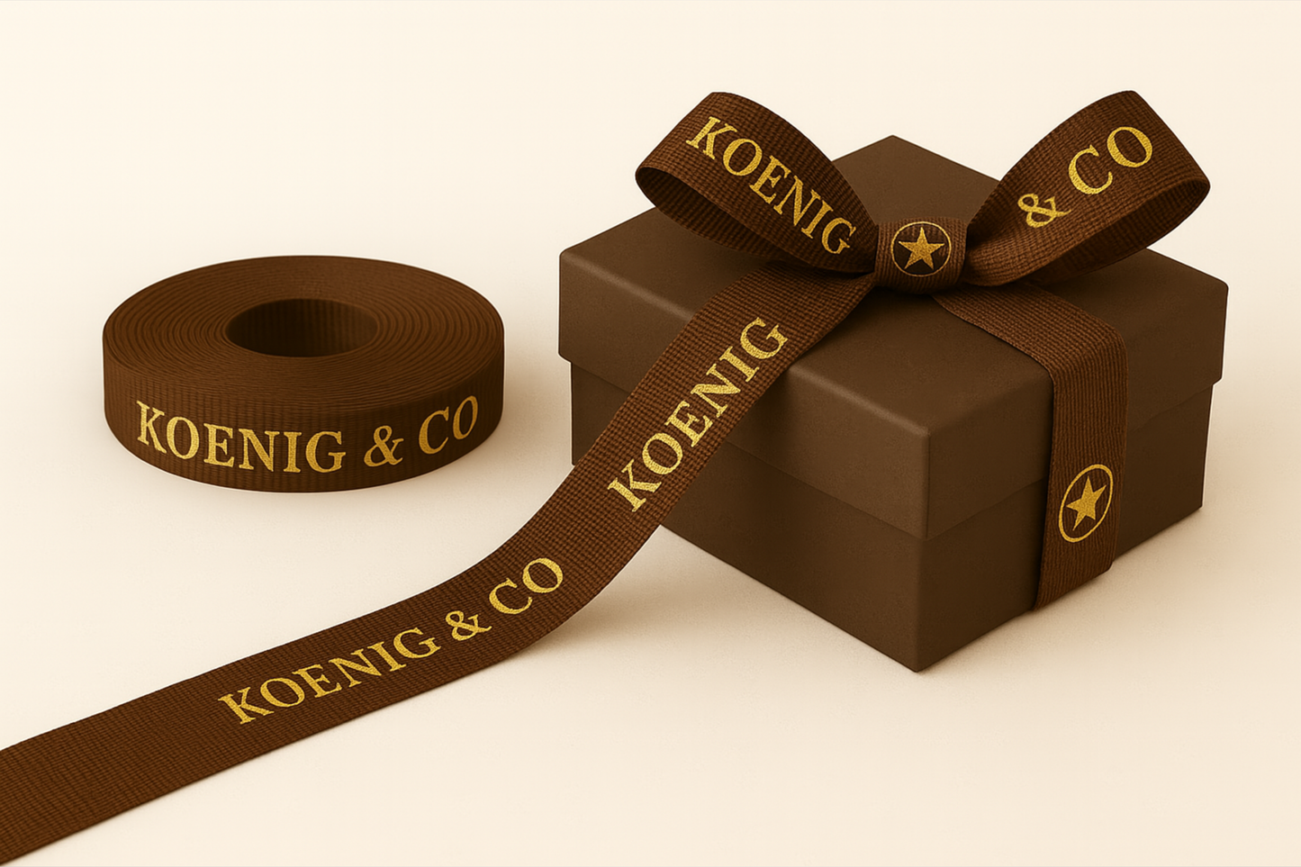 A photo of brown grosgrain gift ribbon with print