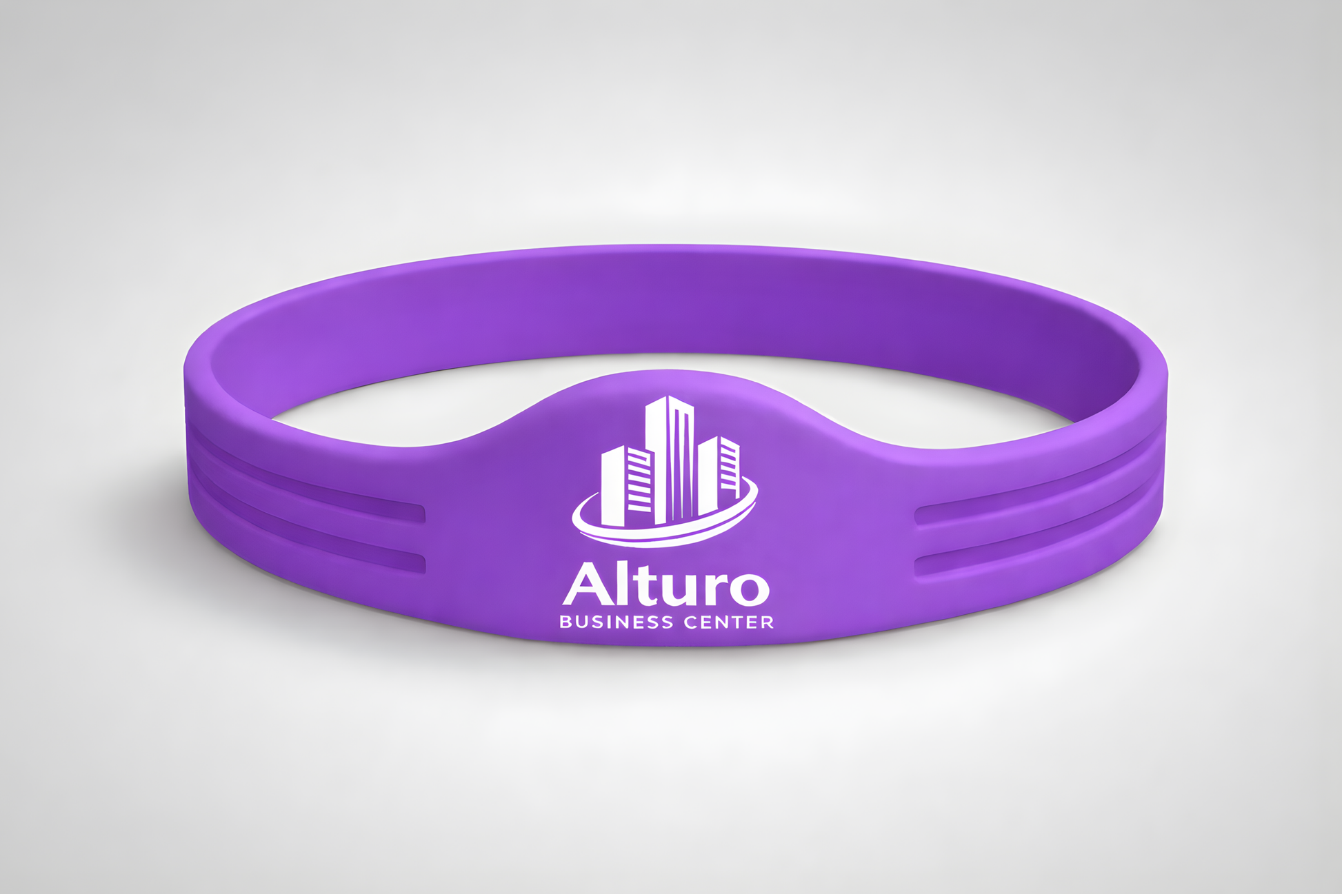 A purple silicone wristband with NFC and custom logo from JM Band®